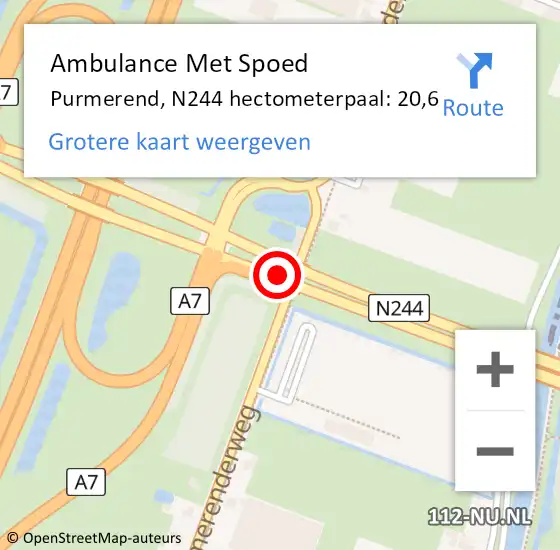 Locatie op kaart van de 112 melding: Ambulance Met Spoed Naar Purmerend, N244 hectometerpaal: 20,6 op 26 november 2024 09:46