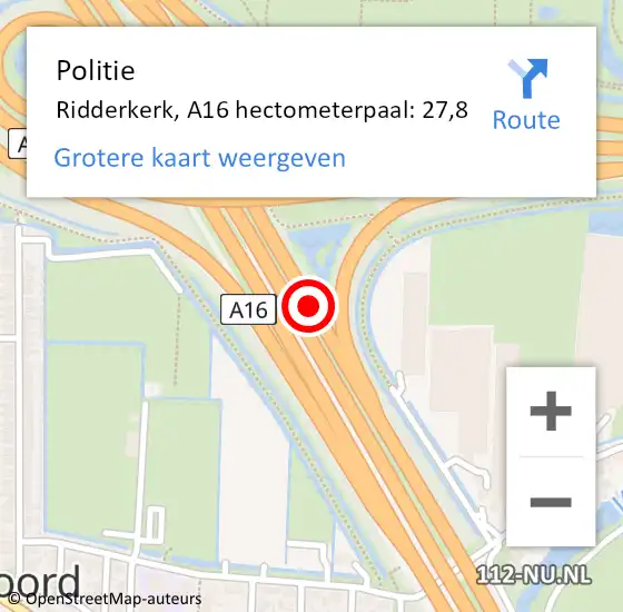 Locatie op kaart van de 112 melding: Politie Ridderkerk, A16 hectometerpaal: 27,8 op 26 november 2024 10:28