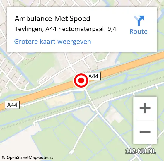 Locatie op kaart van de 112 melding: Ambulance Met Spoed Naar Teylingen, A44 hectometerpaal: 9,4 op 26 november 2024 12:05