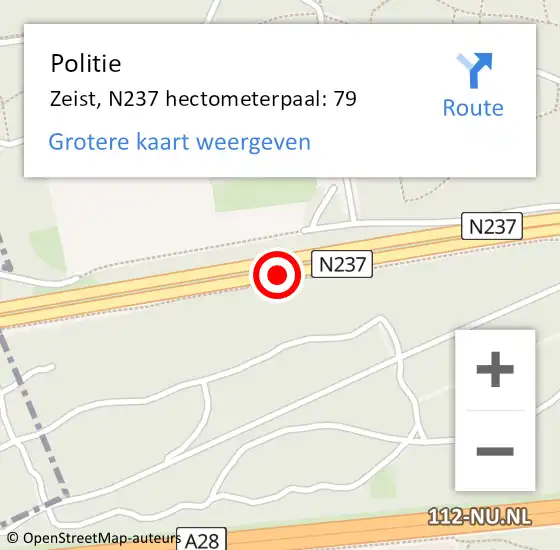 Locatie op kaart van de 112 melding: Politie Zeist, N237 hectometerpaal: 79 op 26 november 2024 12:29