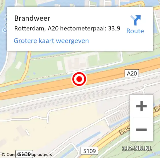 Locatie op kaart van de 112 melding: Brandweer Rotterdam, A20 hectometerpaal: 33,9 op 26 november 2024 13:13