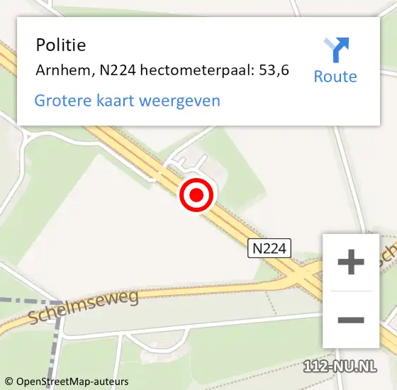 Locatie op kaart van de 112 melding: Politie Arnhem, N224 hectometerpaal: 53,6 op 26 november 2024 16:38