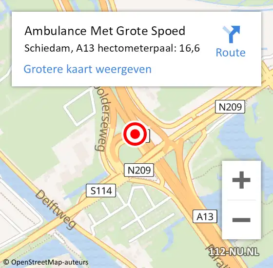 Locatie op kaart van de 112 melding: Ambulance Met Grote Spoed Naar Schiedam, A13 hectometerpaal: 16,6 op 26 november 2024 17:02