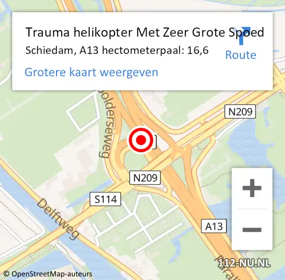 Locatie op kaart van de 112 melding: Trauma helikopter Met Zeer Grote Spoed Naar Schiedam, A13 hectometerpaal: 16,6 op 26 november 2024 17:03