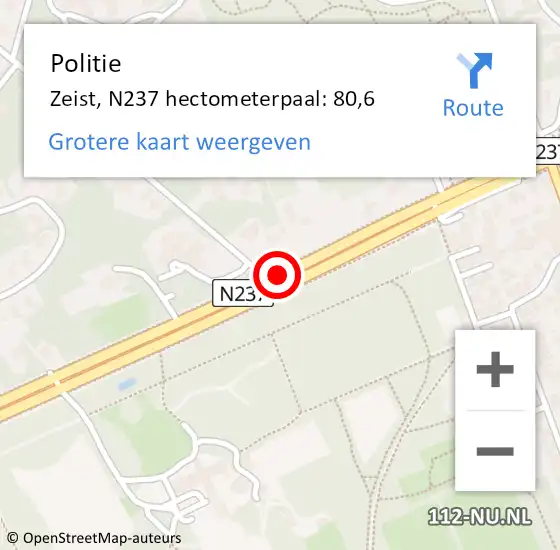 Locatie op kaart van de 112 melding: Politie Zeist, N237 hectometerpaal: 80,6 op 26 november 2024 17:14