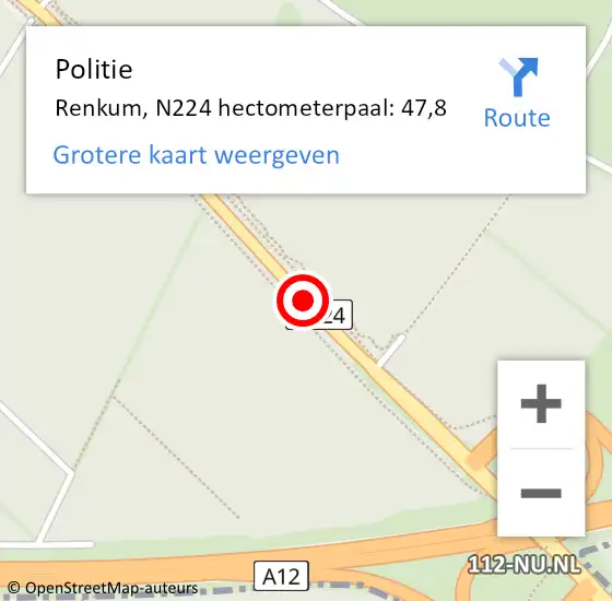 Locatie op kaart van de 112 melding: Politie Renkum, N224 hectometerpaal: 47,8 op 26 november 2024 17:16