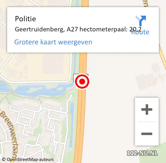 Locatie op kaart van de 112 melding: Politie Geertruidenberg, A27 hectometerpaal: 20,2 op 26 november 2024 17:30