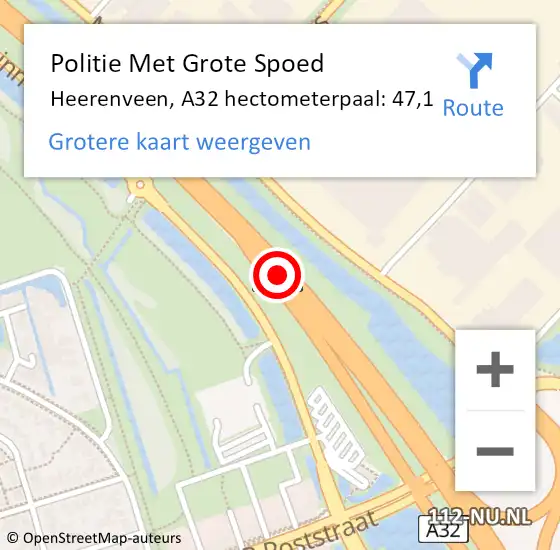 Locatie op kaart van de 112 melding: Politie Met Grote Spoed Naar Heerenveen, A32 hectometerpaal: 47,1 op 26 november 2024 17:35