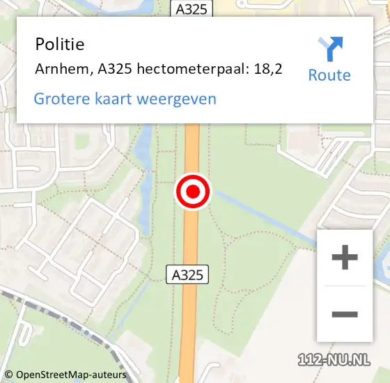 Locatie op kaart van de 112 melding: Politie Overbetuwe, A325 hectometerpaal: 18,2 op 26 november 2024 17:38