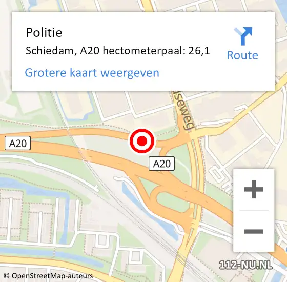 Locatie op kaart van de 112 melding: Politie Schiedam, A20 hectometerpaal: 26,1 op 26 november 2024 17:52