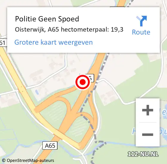 Locatie op kaart van de 112 melding: Politie Geen Spoed Naar Oisterwijk, A65 hectometerpaal: 19,3 op 26 november 2024 18:02