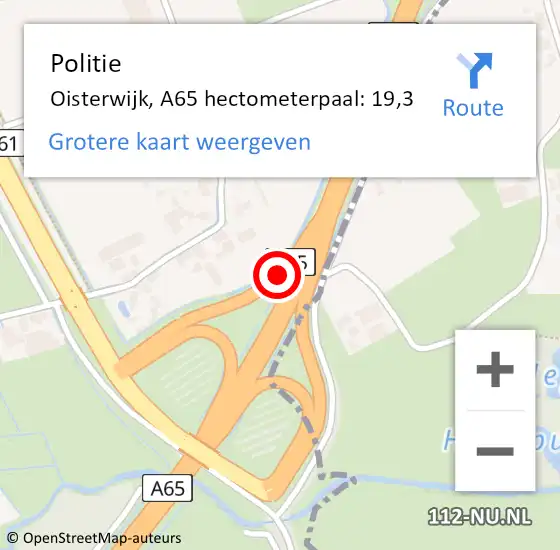 Locatie op kaart van de 112 melding: Politie Oisterwijk, A65 hectometerpaal: 19,3 op 26 november 2024 18:02