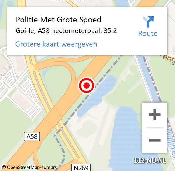 Locatie op kaart van de 112 melding: Politie Met Grote Spoed Naar Goirle, A58 hectometerpaal: 35,2 op 26 november 2024 18:17