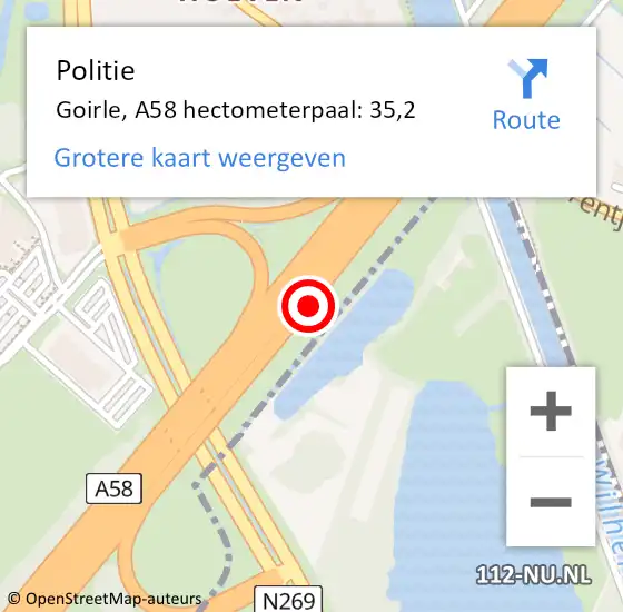 Locatie op kaart van de 112 melding: Politie Goirle, A58 hectometerpaal: 35,2 op 26 november 2024 18:17