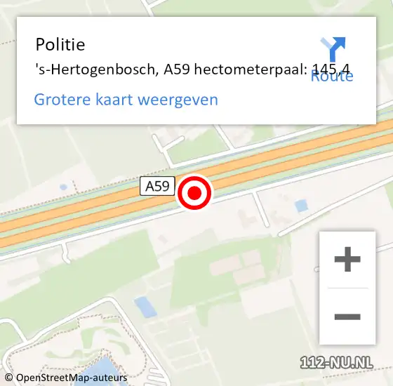 Locatie op kaart van de 112 melding: Politie 's-Hertogenbosch, A59 hectometerpaal: 145,4 op 26 november 2024 19:31