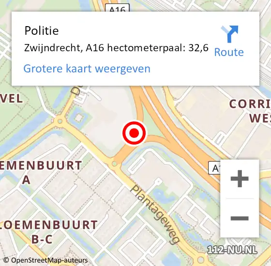 Locatie op kaart van de 112 melding: Politie Zwijndrecht, A16 hectometerpaal: 32,6 op 26 november 2024 19:49