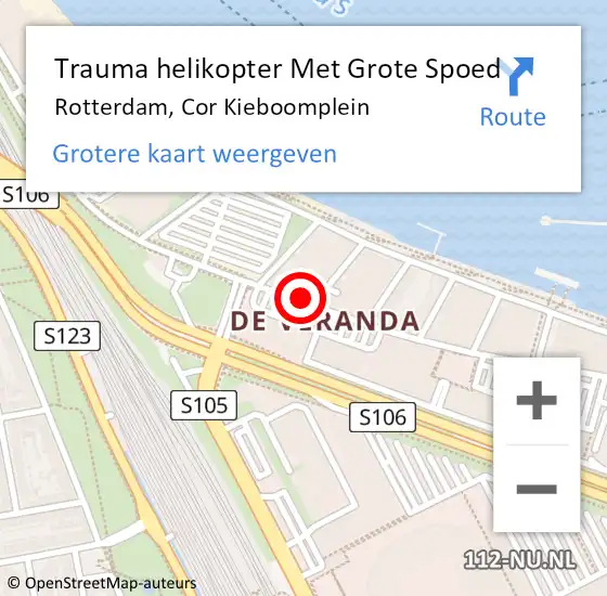 Locatie op kaart van de 112 melding: Trauma helikopter Met Grote Spoed Naar Rotterdam, Cor Kieboomplein op 26 november 2024 20:41