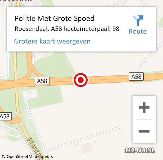 Locatie op kaart van de 112 melding: Politie Met Grote Spoed Naar Roosendaal, A58 hectometerpaal: 98 op 26 november 2024 22:28