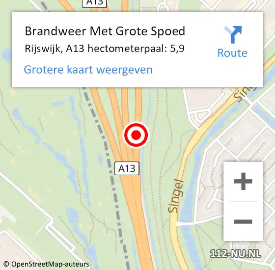 Locatie op kaart van de 112 melding: Brandweer Met Grote Spoed Naar Rijswijk, A13 hectometerpaal: 5,9 op 27 november 2024 00:25