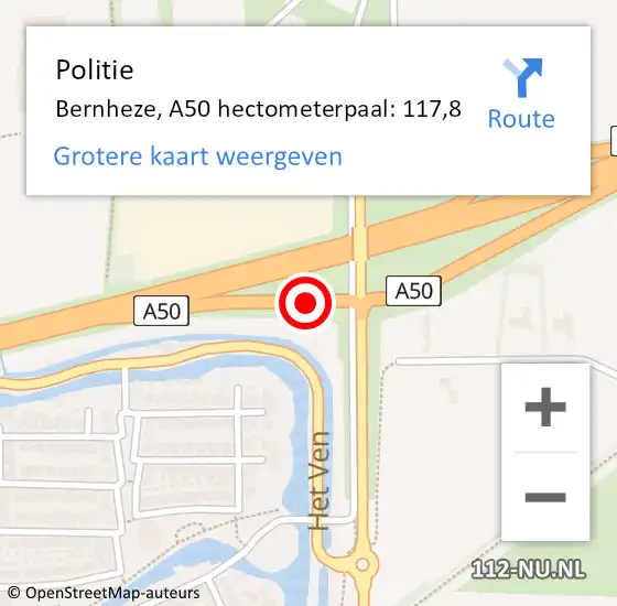 Locatie op kaart van de 112 melding: Politie Bernheze, A50 hectometerpaal: 117,8 op 27 november 2024 06:44