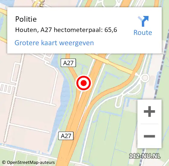 Locatie op kaart van de 112 melding: Politie Houten, A27 hectometerpaal: 65,6 op 27 november 2024 07:36