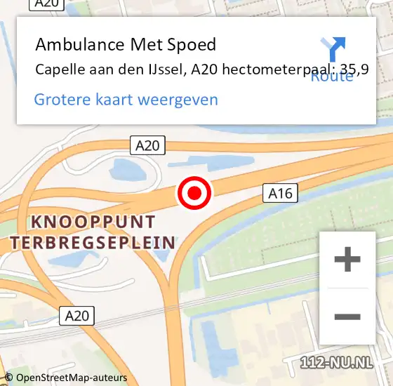 Locatie op kaart van de 112 melding: Ambulance Met Spoed Naar Capelle aan den IJssel, A20 hectometerpaal: 35,9 op 27 november 2024 08:02