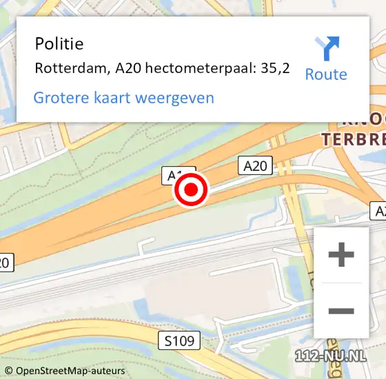 Locatie op kaart van de 112 melding: Politie Rotterdam, A20 hectometerpaal: 35,2 op 27 november 2024 08:07