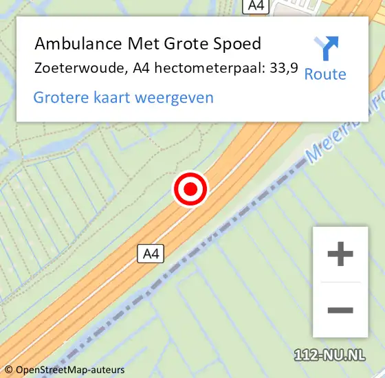 Locatie op kaart van de 112 melding: Ambulance Met Grote Spoed Naar Zoeterwoude, A4 hectometerpaal: 33,9 op 27 november 2024 08:21