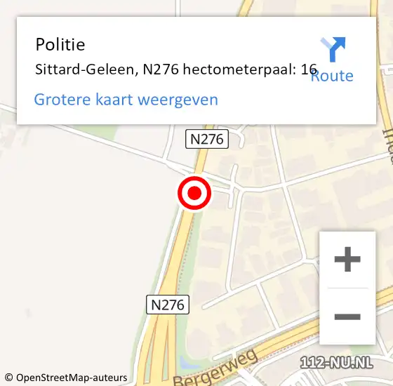 Locatie op kaart van de 112 melding: Politie Sittard-Geleen, N276 hectometerpaal: 16 op 27 november 2024 08:23