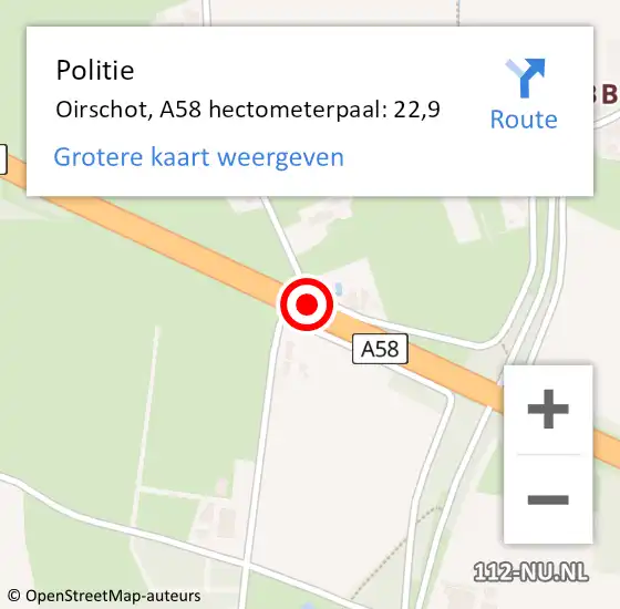 Locatie op kaart van de 112 melding: Politie Oirschot, A58 hectometerpaal: 22,9 op 27 november 2024 08:30