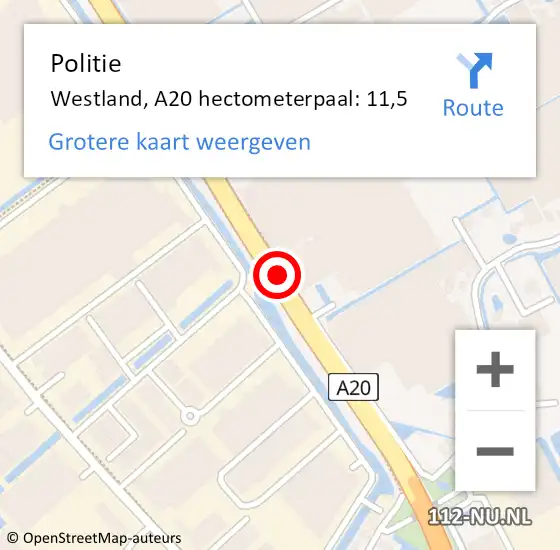 Locatie op kaart van de 112 melding: Politie Westland, A20 hectometerpaal: 11,5 op 27 november 2024 09:32