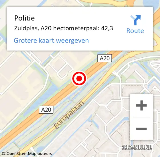 Locatie op kaart van de 112 melding: Politie Zuidplas, A20 hectometerpaal: 42,3 op 27 november 2024 10:47