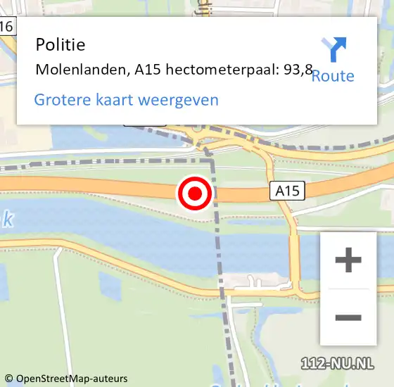 Locatie op kaart van de 112 melding: Politie Molenlanden, A15 hectometerpaal: 93,8 op 27 november 2024 11:54