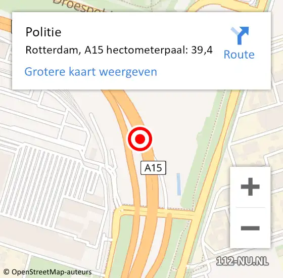 Locatie op kaart van de 112 melding: Politie Rotterdam, A15 hectometerpaal: 39,4 op 27 november 2024 12:39