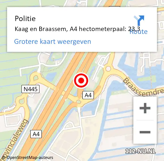 Locatie op kaart van de 112 melding: Politie Kaag en Braassem, A4 hectometerpaal: 23,3 op 27 november 2024 12:45