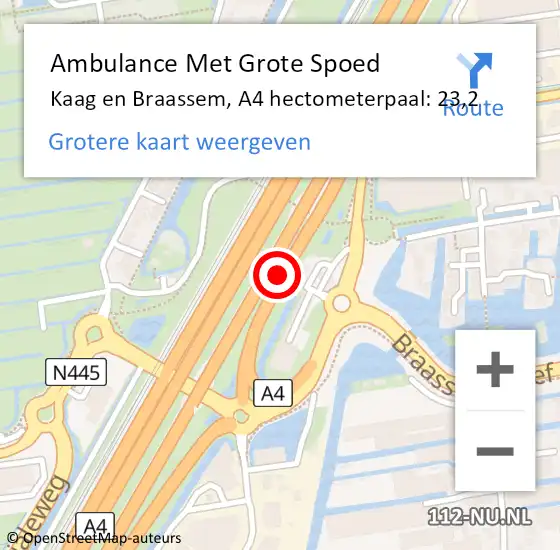 Locatie op kaart van de 112 melding: Ambulance Met Grote Spoed Naar Kaag en Braassem, A4 hectometerpaal: 23,2 op 27 november 2024 13:16