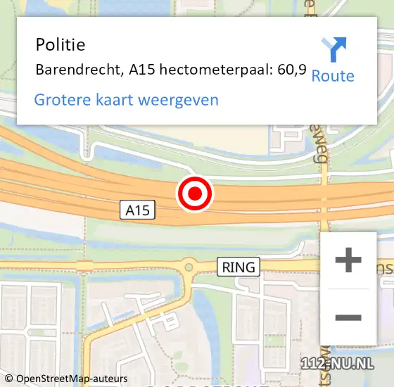 Locatie op kaart van de 112 melding: Politie Barendrecht, A15 hectometerpaal: 60,9 op 27 november 2024 13:41