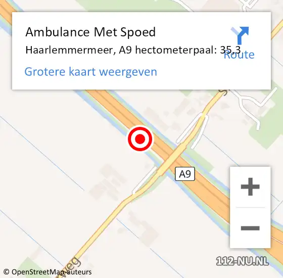 Locatie op kaart van de 112 melding: Ambulance Met Spoed Naar Haarlemmermeer, A9 hectometerpaal: 35,3 op 27 november 2024 13:52