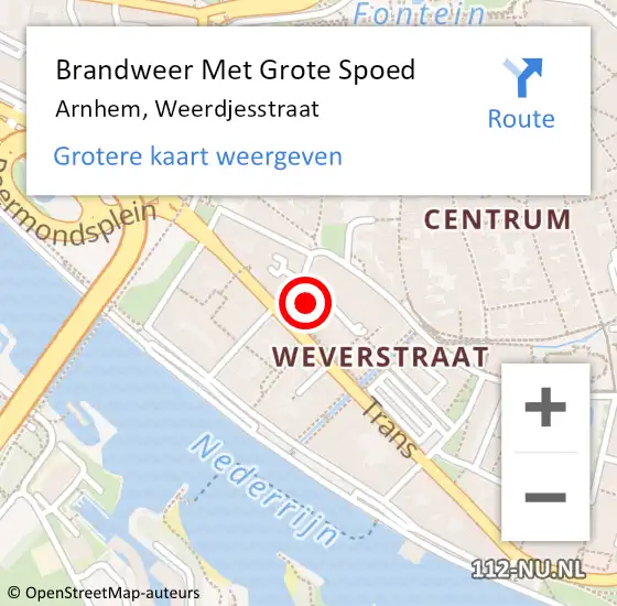 Locatie op kaart van de 112 melding: Brandweer Met Grote Spoed Naar Arnhem, Weerdjesstraat op 27 november 2024 13:56