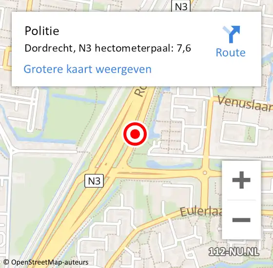 Locatie op kaart van de 112 melding: Politie Dordrecht, N3 hectometerpaal: 7,6 op 27 november 2024 14:02