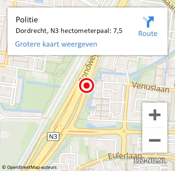 Locatie op kaart van de 112 melding: Politie Dordrecht, N3 hectometerpaal: 7,5 op 27 november 2024 14:02