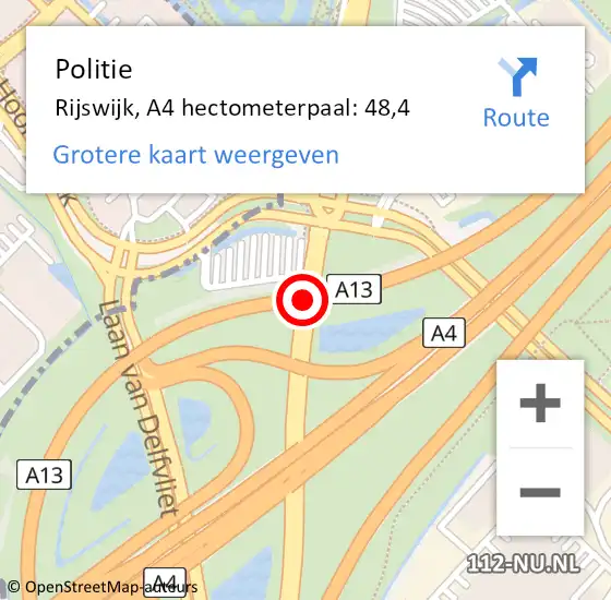 Locatie op kaart van de 112 melding: Politie Rijswijk, A4 hectometerpaal: 48,4 op 27 november 2024 14:45