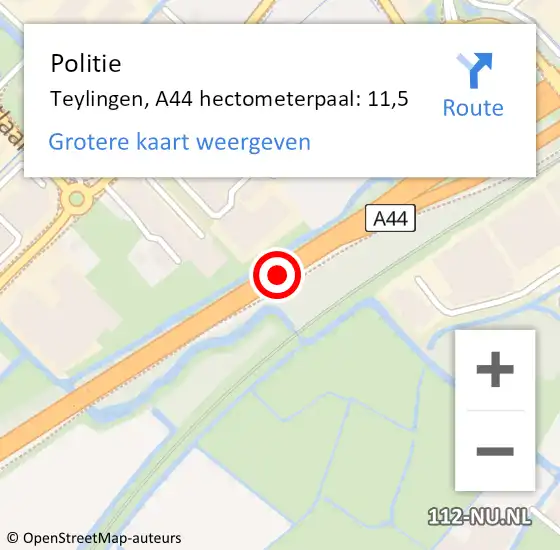 Locatie op kaart van de 112 melding: Politie Teylingen, A44 hectometerpaal: 11,5 op 27 november 2024 14:49