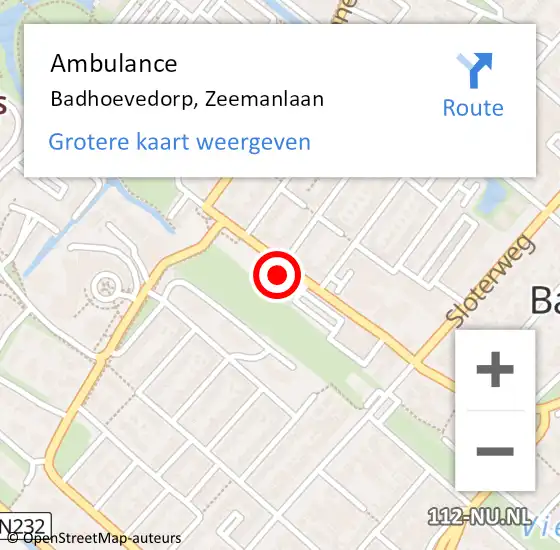 Locatie op kaart van de 112 melding: Ambulance Badhoevedorp, Zeemanlaan op 27 november 2024 15:12