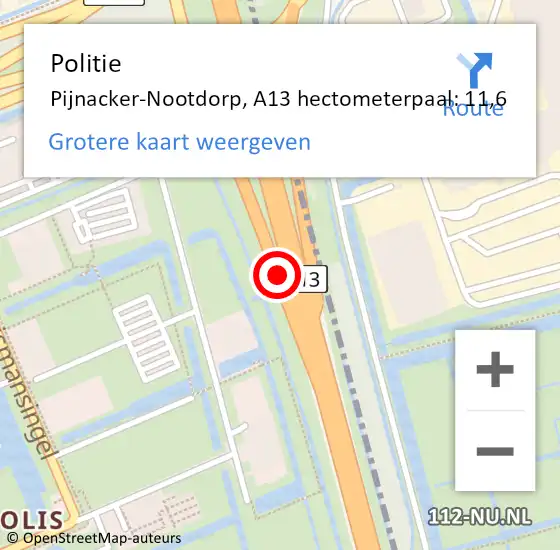 Locatie op kaart van de 112 melding: Politie Pijnacker-Nootdorp, A13 hectometerpaal: 11,6 op 27 november 2024 15:45