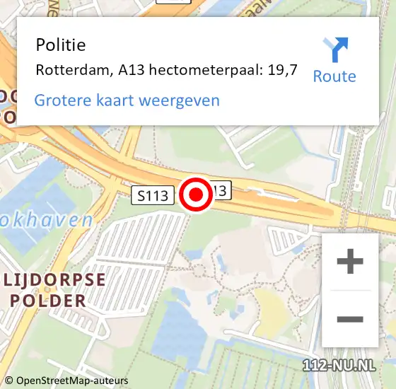 Locatie op kaart van de 112 melding: Politie Rotterdam, A13 hectometerpaal: 19,7 op 27 november 2024 16:12