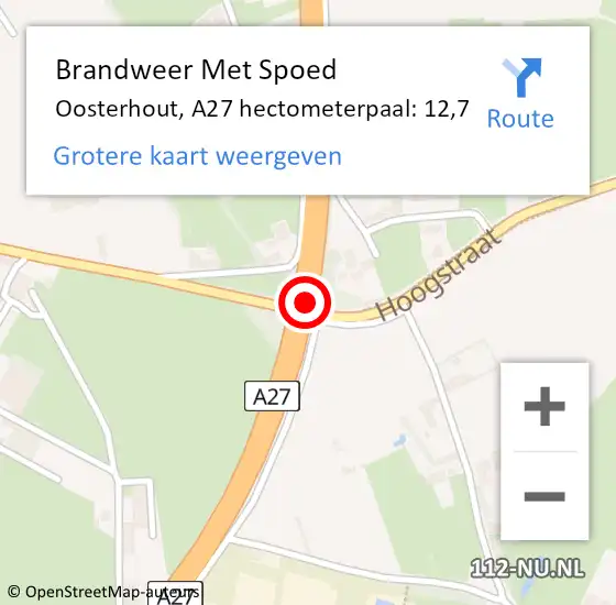 Locatie op kaart van de 112 melding: Brandweer Met Spoed Naar Oosterhout, A27 hectometerpaal: 12,7 op 27 november 2024 16:38