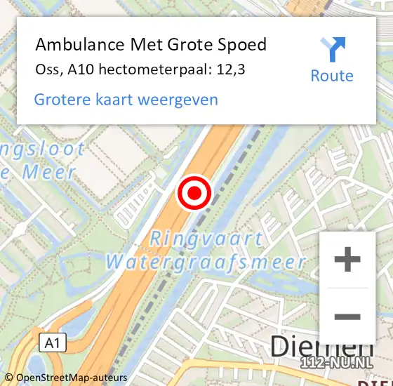 Locatie op kaart van de 112 melding: Ambulance Met Grote Spoed Naar Oss, A10 hectometerpaal: 12,3 op 27 november 2024 16:40