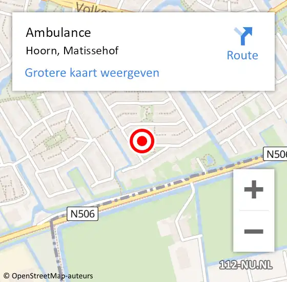 Locatie op kaart van de 112 melding: Ambulance Hoorn, Matissehof op 27 november 2024 16:46