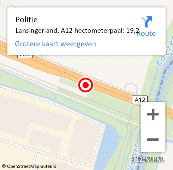 Locatie op kaart van de 112 melding: Politie Zuidplas, A12 hectometerpaal: 19,2 op 27 november 2024 16:55